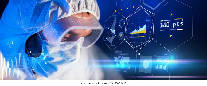Science, Chemistry, Future Technology, Medicine And People Concept - Close Up Of Scientist Face In Goggles And Protective Mask At Scientific Laboratory Over Virtual Screens Formula