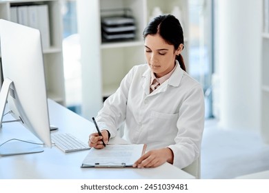 Science, computer and woman with checklist, clipboard and results for medical study in laboratory. Paperwork, writing and research for scientist, technician or notes for pharmaceutical test process - Powered by Shutterstock