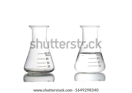 Science concept, Empty Erlenmeyer Flask and Erlenmeyer Flask filled by liquid isolated on white background