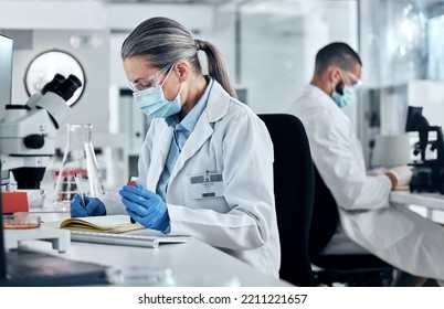 Science, Dna Blood And Covid Research With A Woman Writing In A Notebook For Innovation And Breakthrough In A Lab. Analytics, Technology And Medicine With A Female Scientist At Work In A Laboratory