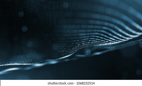 science fiction background of glowing particles with depth of field and bokeh. Particles form line and abstract surface grid. 3d rendering V15 dark background - Powered by Shutterstock - Get 15% off with code: PIKWIZARD15