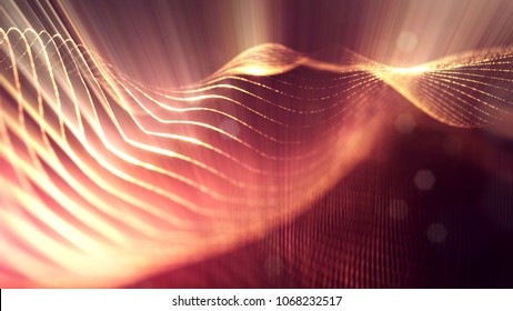 science fiction background of glowing particles with depth of field and bokeh. Particles form line and abstract surface grid. 3d rendering V74 red gold with light rays - Shutterstock ID 1068232517