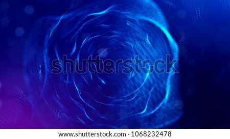 science fiction background of glowing particles with depth of field and bokeh. Particles form line and abstract surface grid. 3d rendering V43 blue spheres
