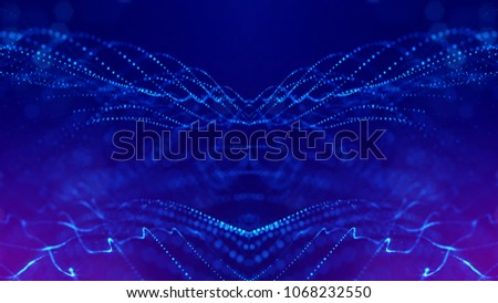 science fiction background of glowing particles with depth of field and bokeh. Particles form line and abstract surface grid. 3d rendering V31 blue