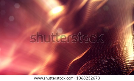 science fiction background of glowing particles with depth of field and bokeh. Particles form line and abstract surface grid. 3d rendering V84 red gold with light rays