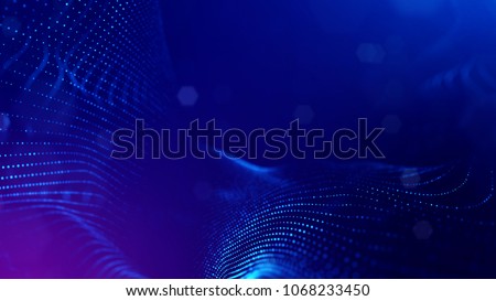 science fiction background of glowing particles with depth of field and bokeh. Particles form line and abstract surface grid. 3d rendering V3 blue