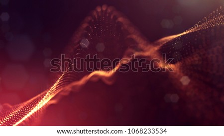 science fiction background of glowing particles with depth of field and bokeh. Particles form line and abstract surface grid. 3d rendering V18 red gold