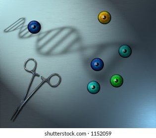 A  Science Fiction like image of forcepts a shadow of a DNA strand and different color irises - Powered by Shutterstock