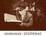 Science fiction novel. The scientist - the invisible man is working in his laboratory. Mystical mysterious atmosphere. Retro style, sepia.