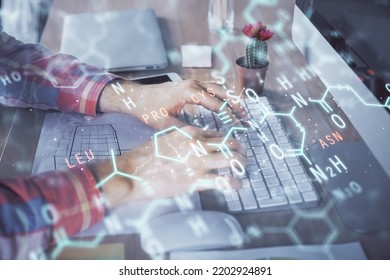 Science formula hologram with man working on computer on background. Education concept. Double exposure.