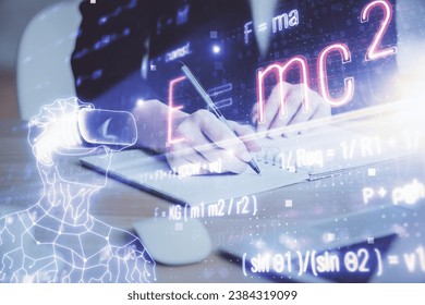 Science formula hologram over woman's hands taking notes background. Concept of study. Double exposure
