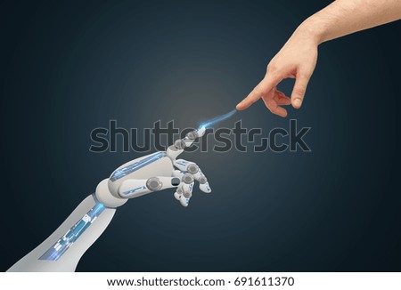 science, future technology and people concept - human and robot hands reaching to each other over blue background