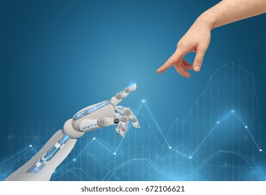 science, future technology and progress concept - human and robot hands reaching to each other - Shutterstock ID 672106621