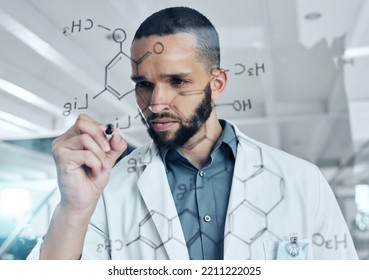 Science, Glass Board And Man Writing A Chemistry Equation, Formula Or Algorithm For Medical Research In A Laboratory. Chemical Innovation, Scientific Evolution And Expert Scientist Working On Idea