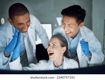 Science, high five and happy scientist, people or diversity group celebrate lab success, results or achievement. Partnership, cheers and laboratory staff collaboration, teamwork and congratulations - Powered by Shutterstock