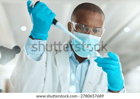 Science, lab and man with sample in petri dish for research, medical study and medicine. Healthcare, pharmaceutical and person in ppe mask with equipment for clinical trial, experiment or vaccine
