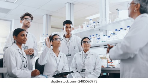 Science, lab and students with question for professor, biotechnology research and pharma education. Learning, group and people in class with mentor for development, scientist training with diversity - Powered by Shutterstock