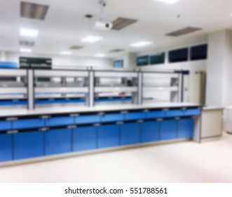 Science Laboratory Empty With Shelves And Furniture In Classroom Of University College Blur Image Use For Background.