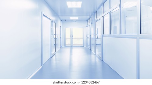 science laboratory or modern interior industrial factory background with gateway and brightness fluorescent lighting