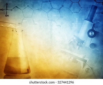 Science and medical background. Laboratory glassware, microscope and formula.