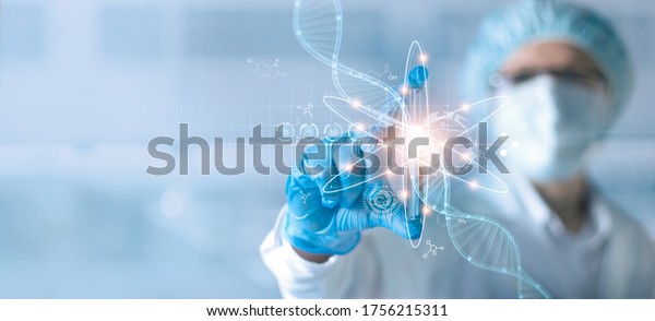 Science and medical, Scientists or Health\
care researcher holding test tube and analyzing data DNA gene\
transfer and gene therapy disease treatment and prevention in\
scientific chemical\
laboratory.