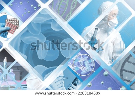 Science and medicine. Pharmacology symbols. Scientific research. Pharmacologist and pills with probiotics. Research in field pharmacology. Scientific technologies. Banner for pharmacology conference