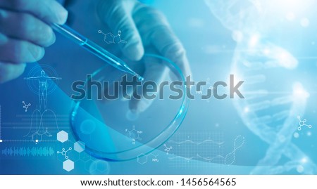 Science and medicine, scientist analyzing and dropping a sample into a glassware, experiments containing chemical liquid in laboratory on glassware, DNA structure, innovative and technology. 