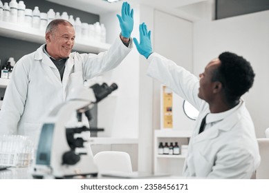 Science men, high five and together in lab, smile or partnership for goals, results or innovation at job. Senior scientist and mentorship with teamwork, congratulations or success in medical research - Powered by Shutterstock