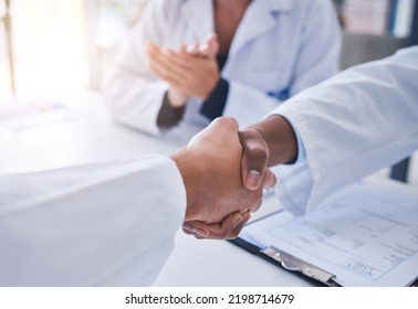 Science Partnership Agreement, Handshake Innovation Deal And Research Laboratory Scientist Contract. Medical Teamwork Meeting Room, Big Pharma Collaboration And Healthcare Education Communication