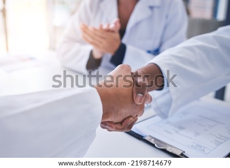 Science partnership agreement, handshake innovation deal and research laboratory scientist contract. Medical teamwork meeting room, big pharma collaboration and healthcare education communication