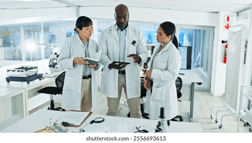 Science, people and tablet in lab for advice, brainstorming and innovation for medicine development. Scientists, research team and tech in facility for learning, mentorship and planning in discussion - Powered by Shutterstock