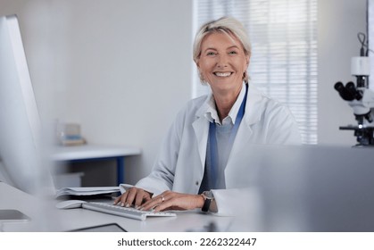 Science portrait, computer and senior woman typing report of healthcare innovation, lab research or medical analysis. Clinic laboratory, medicine study and scientist happy for hospital development - Powered by Shutterstock