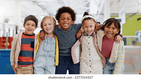 Science, portrait and group of children with happiness at convention, expo or exhibition for workshop. Student, kid or face with smile at tradeshow or scientific conference for knowledge or education - Powered by Shutterstock