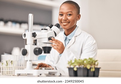 Science portrait, woman and plants, microscope or laboratory research for agriculture, sustainability and leaves test. Scientist, African student or happy doctor, lens and eco study or food security - Powered by Shutterstock