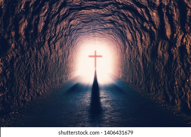 Science and religion. Christian religion. Illustration with cross of jesus christ and resurrection concept.Tunnel towards death