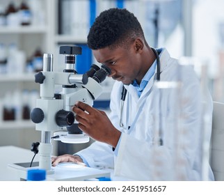 Science, research and black man with microscope for biotech, investigation or medical engineering in laboratory. Analysis, lab technician or scientist checking vaccine sample for pharmaceutical test. - Powered by Shutterstock