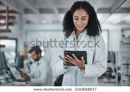 Science, research and black woman with tablet, smile and internet in laboratory with medical data. Healthcare, pharmaceutical innovation and scientist, technology and reading email, website or result