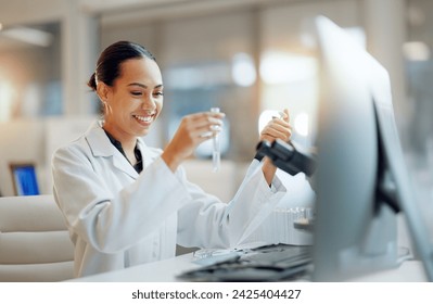 Science, research and happy woman with pipette, microscope and biotech solution in laboratory. Medical innovation, scientist or lab technician in study for healthcare, medicine check and vaccine test - Powered by Shutterstock