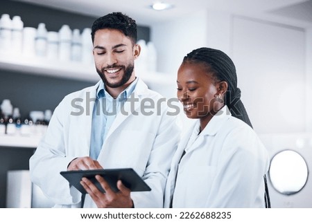 Science research, tablet and scientist people with pharmaceutical report, medicine data and digital analysis. Medical professional, black woman or internship partner in laboratory for online feedback