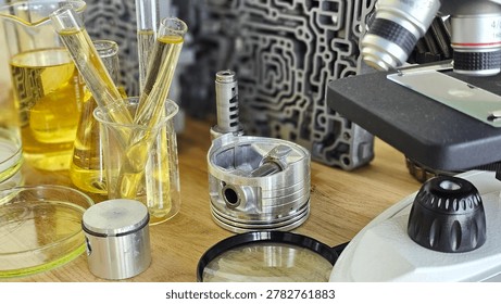 Science setup with test tubes, beakers, and equipment on a workbench in a laboratory scene focusing on materials and analysis