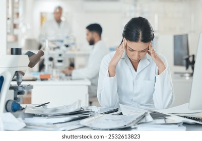 Science, stress and woman in laboratory with documents for medical analysis, research and study. Healthcare, biotechnology and scientist with paperwork for burnout, fatigue and frustrated at desk - Powered by Shutterstock