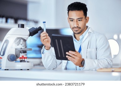 Science, tablet and man in laboratory with test tube for research, study and sample analysis. Healthcare, biotechnology and scientist online with medical equipment for vaccine, analytics and medicine