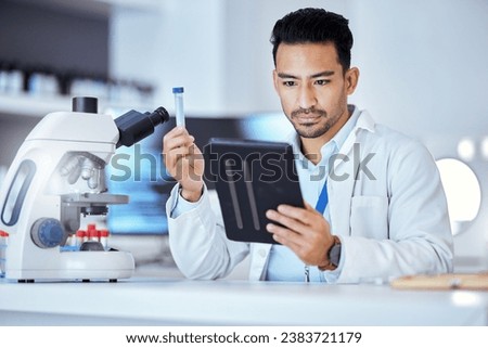 Science, tablet and man in laboratory with test tube for research, study and sample analysis. Healthcare, biotechnology and scientist online with medical equipment for vaccine, analytics and medicine