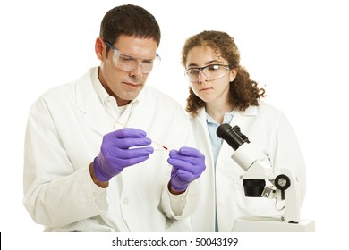 Science Teacher And High School Student Working In Biology Lab.  Isolated On White.