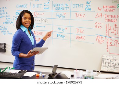 Science Teacher Standing At Whiteboard With Digital Tablet