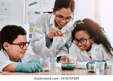 Science, teacher and students in classroom with slime for experiment, education and happy kid. Chemistry, boy child and girl at school for research, solution and development or results for project - Powered by Shutterstock