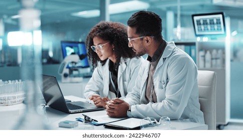 Science, teamwork and scientist with laptop in laboratory for communication, pharmaceutical review or planning. Employees, collaboration and technology for research, discussion and digital analysis - Powered by Shutterstock - Get 15% off with code: PIKWIZARD15