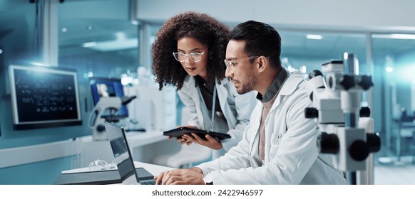 Science, teamwork and scientist with tablet in laboratory for communication, pharmaceutical review or planning. Employees, collaboration and technology for research, discussion and digital analysis - Powered by Shutterstock