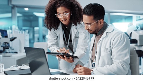 Science, teamwork and scientist with tablet in laboratory for communication, pharmaceutical review or planning. Employees, collaboration and technology for research, discussion and digital analysis - Powered by Shutterstock