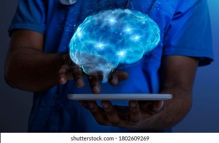 Science Technologies And Medicine Concept. Black Doctor Holding Tablet Computer With Holographic Brain Over Screen, Collage